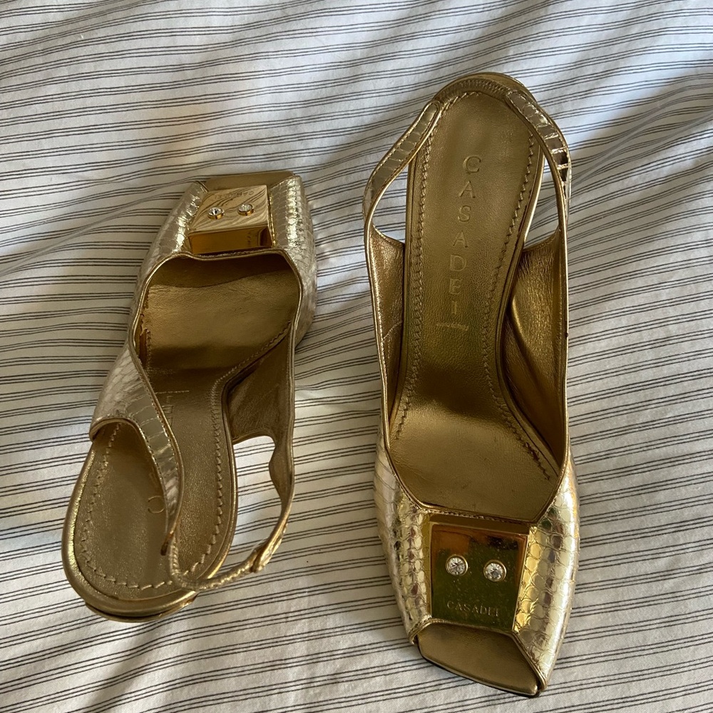 Casadei Gold Peep-Toe Heels
